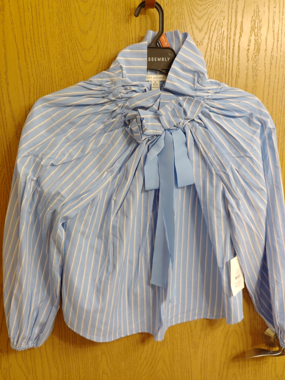 Assembly New York Light Blue Stripe Tie-Neck Blouse